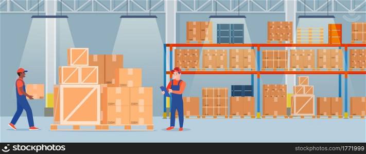 Warehouse interior with cardboard boxes on metal racks and working people.. Warehouse interior with goods, pallet trucks and container package boxes. Vector illustration in flat style. Warehouse interior with cardboard boxes