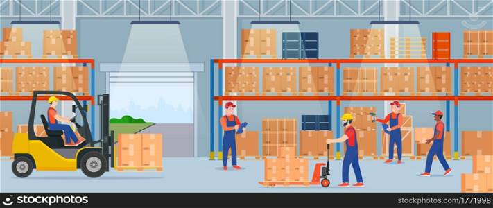 Warehouse interior with cardboard boxes. Staff surrounded by boxes on rack and transport of storehouse interior. pallet trucks, forklift truck. Vector illustration in flat style. Warehouse interior with cardboard boxes