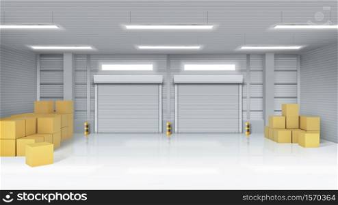 Warehouse interior with closed gates and cardboard boxes. Vector realistic illustration of empty storage room in store, factory or workshop with rolling shutter on doors. Warehouse interior with cardboard boxes
