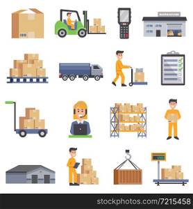 Warehouse isolated flat icons set of delivery truck shelves with goods scales boxes container and storage workers vector illustration . Warehouse Flat Icons Set