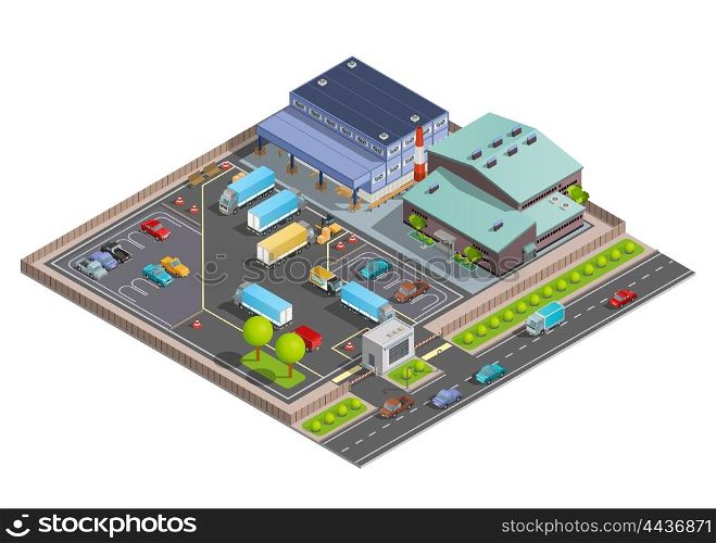 Warehouse Isometric Composition. Isometric warehouse composition with terminal and office buildings parking with vehicles and checkpoint vector illustration