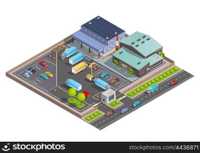 Warehouse Isometric Composition. Isometric warehouse composition with terminal and office buildings parking with vehicles and checkpoint vector illustration