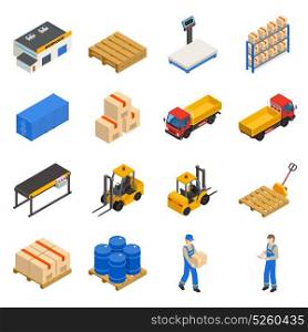 Warehouse Isometric Decorative Icons Set. Warehouse isometric decorative icons set with elements of storage inventory transportation and workers isolated vector illustration