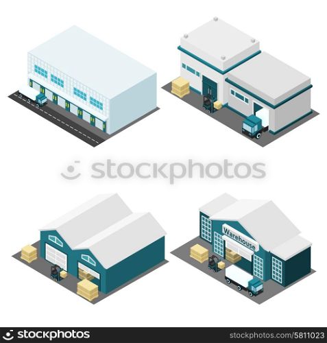 Warehouse Isometric Icons Set . Warehouse building isometric icons set with truck boxes and road isolated vector illustration