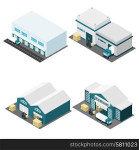 Warehouse Isometric Icons Set . Warehouse building isometric icons set with truck boxes and road isolated vector illustration