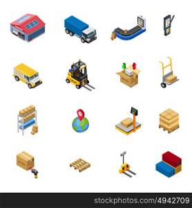 Warehouse Isometric Icons Set. Warehouse isometric icons set with delivery transport and related elements on white background isolated vector illustration