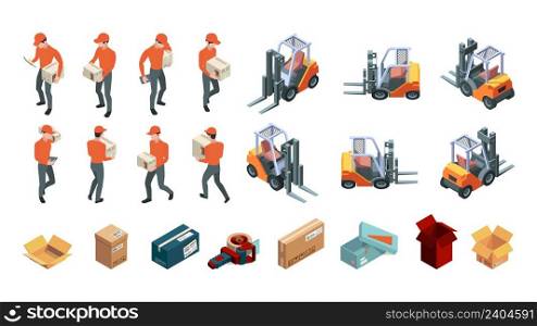 Warehouse isometric. Shipping transporting and forklift loader services warehouse garish vector illustrations set. Illustration forklift and shipping loader isometric. Warehouse isometric. Shipping transporting and forklift loader services warehouse garish vector illustrations set