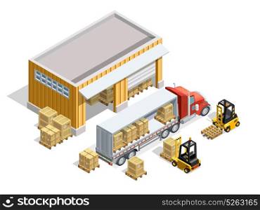 Warehouse Isometric Template. Warehouse isometric template with storage and forklifts loading cargo into truck vector illustration