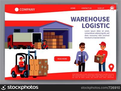 Warehouse landing. Warehousing logistics service, truck transportation marketing. Worldwide delivery commercial technology web page vector design. Warehouse landing. Warehousing logistics service, truck transportation marketing. Worldwide delivery technology web page vector design