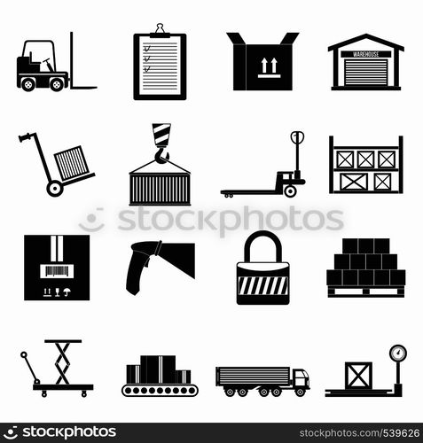 Warehouse logistic storage icons set in flat style for any design. Warehouse logistic storage icons set