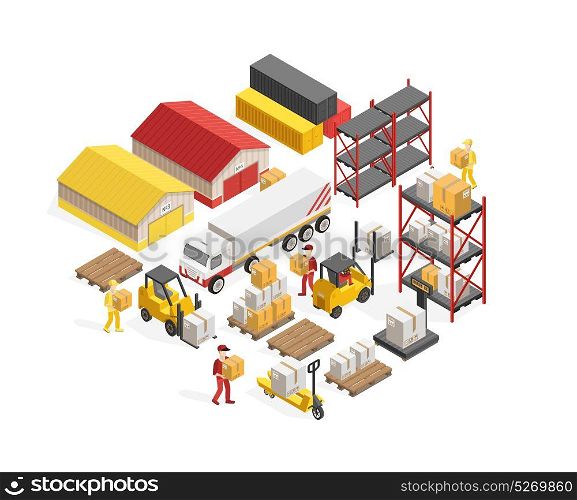 Warehouse Logistics Isometric Concept. Warehouse logistics isometric concept with storage buildings and containers freight and employees forklifts and truck vector illustration
