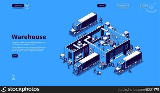 Warehouse logistics isometric landing page, workers loading freight in delivery trucks in depot. Goods import and export shipping, ground transportation logistic business 3d vector line art web banner. Warehouse logistics isometric landing page, banner