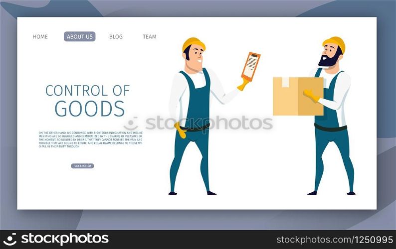 Warehouse Male Worker Control of Goods Delivery. Picture of Factory Staff Character Checking Carton Box with Barcode. Two Engineer in Overall Uniforn and Hard Hat. Flat Cartoon Vector Illustration. Warehouse Male Worker Controling Goods Delivery