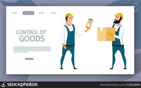 Warehouse Male Worker Control of Goods Delivery. Picture of Factory Staff Character Checking Carton Box with Barcode. Two Engineer in Overall Uniforn and Hard Hat. Flat Cartoon Vector Illustration. Warehouse Male Worker Controling Goods Delivery