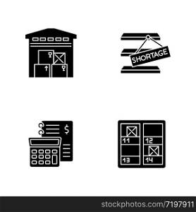 Warehouse management black glyph icons set on white space. Goods counting, shortage identification, bookkeeping. Storekeeping, storage control. Silhouette symbols. Vector isolated illustration