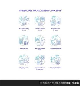Warehouse management concept icons set. Reduce errors. Optimise stock managing technologies. Maximised use of building idea thin line RGB color illustrations. Vector isolated outline drawings. Warehouse management concept icons set