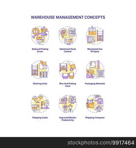 Warehouse management concept icons set. Reduced picking errors. Optimise stock control. Maximised use of space idea thin line RGB color illustrations. Vector isolated outline drawings. Editable stroke. Warehouse management concept icons set