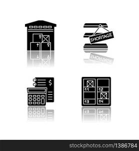 Warehouse management drop shadow black glyph icons set.. Goods counting, shortage identification, financial bookkeeping. Storekeeping, storage control. Isolated vector illustrations on white space
