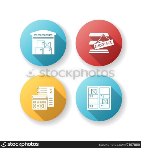 Warehouse management flat design long shadow glyph icons set. Goods counting, shortage identification, financial bookkeeping. Storekeeping, storage control. Silhouette RGB color illustration
