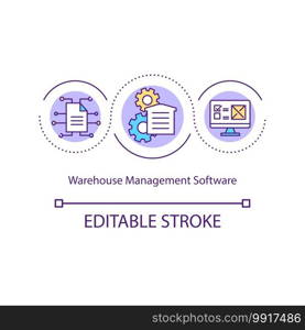 Warehouse management software concept icon. Application for inventory organization. Storehouse management idea thin line illustration. Vector isolated outline RGB color drawing. Editable stroke. Warehouse management software concept icon