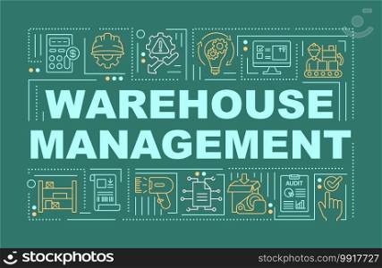 Warehouse management word concepts banner. Storehouse organization. Storage service. Infographics with linear icons on green background. Isolated typography. Vector outline RGB color illustration. Warehouse management word concepts banner