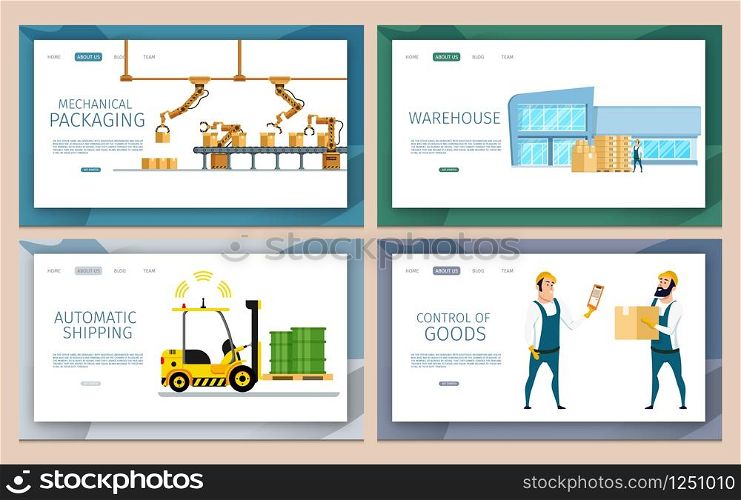Warehouse Mechanical Packing and Delivery Set. Automatic Loader Shipping Service, Arm Crane Conveyor. Control of Goods Logistic, Loading Fast. Glass Storage. Flat Cartoon Vector Illustration. Warehouse Mechanical Packing and Delivery Set
