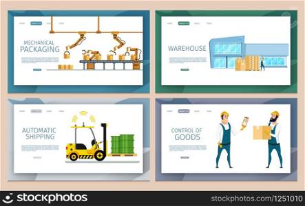 Warehouse Mechanical Packing and Delivery Set. Automatic Loader Shipping Service, Arm Crane Conveyor. Control of Goods Logistic, Loading Fast. Glass Storage. Flat Cartoon Vector Illustration. Warehouse Mechanical Packing and Delivery Set