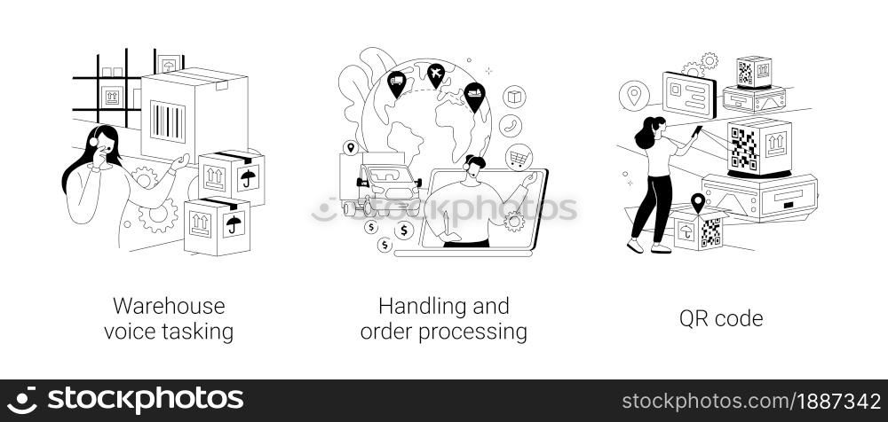 Warehouse modern technology abstract concept vector illustration set. Warehouse voice tasking, handling and order processing, QR code, automated operations, order documentation abstract metaphor.. Warehouse modern technology abstract concept vector illustrations.