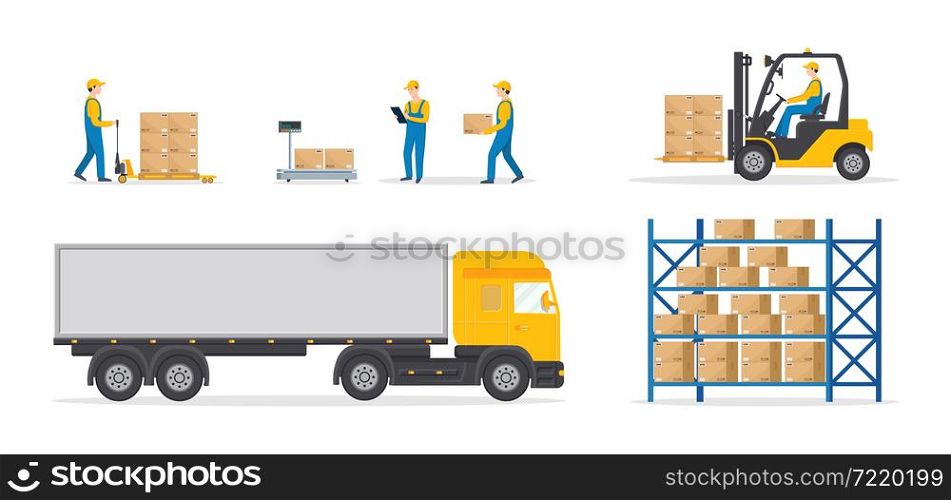 Warehouse of wholesale. Logistic, fulfilment order for distribution. Loader, cargo truck, forklift with driver, worker with cart, boxes on rack. Flat illustration for logistic, delivery center. Vector. Warehouse of wholesale. Logistic, fulfilment order for distribution. Loader, cargo truck, forklift with driver, worker with cart, box on rack. Flat illustration for logistic, delivery center. Vector.