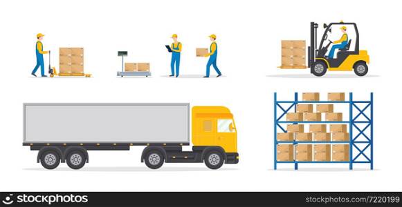 Warehouse of wholesale. Logistic, fulfilment order for distribution. Loader, cargo truck, forklift with driver, worker with cart, boxes on rack. Flat illustration for logistic, delivery center. Vector. Warehouse of wholesale. Logistic, fulfilment order for distribution. Loader, cargo truck, forklift with driver, worker with cart, box on rack. Flat illustration for logistic, delivery center. Vector.