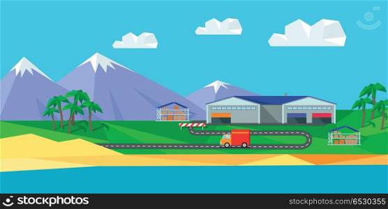 Warehouse on Natural Landscape. Warehouse on natural landscape. Warehouse interior, logisti and factory building exterior, business delivery, storage cargo vector illustration. Logistics and transportation of cargo.
