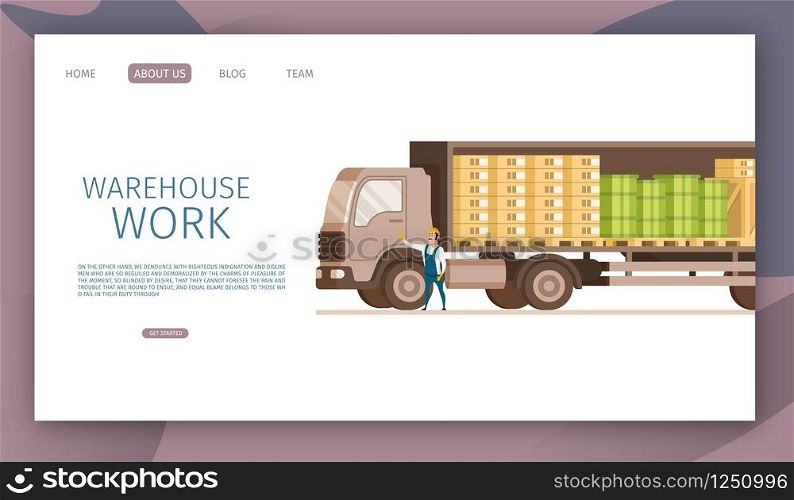 Warehouse Open Express Delivery Truck with Cargo. Side View of Van Full of Depot Freight, Box and Barrel. Factory Work in Uniform Standing Infront. Flat Cartoon Vector Illustration. Warehouse Open Express Delivery Truck with Cargo
