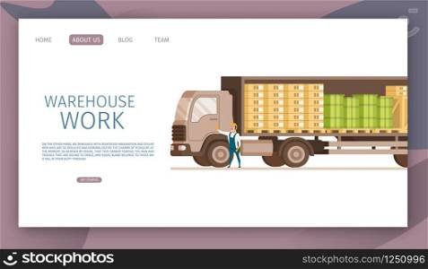 Warehouse Open Express Delivery Truck with Cargo. Side View of Van Full of Depot Freight, Box and Barrel. Factory Work in Uniform Standing Infront. Flat Cartoon Vector Illustration. Warehouse Open Express Delivery Truck with Cargo