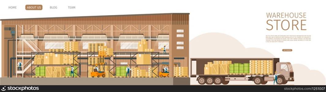 Warehouse Open Store Delivering Truck Infront. Picture of Working Storage with Weight on Shelf, Express Shipping Van Full of Cardboard Box, Wooden Tray and Pallet. Flat Cartoon Vector Illustration. Warehouse Open Store Delivering Truck Infront