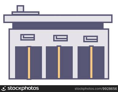 Warehouse or garage with space for goods storage. Isolated building construction, facility or manufacturing company. Factory or enterprises exterior of modern structure. Vector in flat style. Factory or warehouse, industry or facility for manufacturing