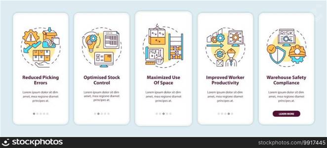 Warehouse organization and optimization onboarding mobile app page screen with concepts. Storehouse walkthrough 5 steps graphic instructions. UI vector template with RGB color illustrations. Warehouse organization and optimization onboarding mobile app page screen with concepts