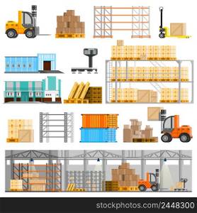 Warehouse orthogonal icons set with loader and cargo flat isolated vector illustration . Warehouse Icons Set