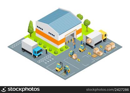 Warehouse outside view with parking places for trucks and loaders, workers and cargo, lawn isometric vector illustration. Warehouse Outside View Isometric Illustration