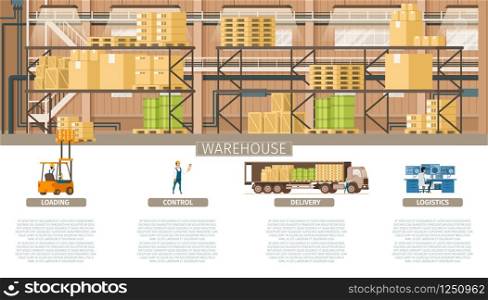 Warehouse Packing and Supply Maintenance Banner. Infographic Picture of Industrial Factory Storage Element. Control Logistic, Weight Delivery, Professional Service. Flat Cartoon Vector Illustration. Warehouse Packing and Supply Maintenance Banner