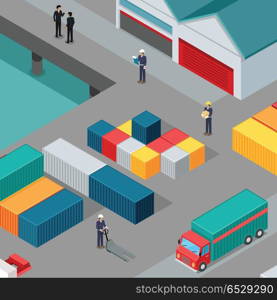 Warehouse port vector concept. Isometric projection. Cargo containers on the berth at the port, managers, workers, car, hangars. Transatlantic carriage. For trade, transport, delivery company landing page. Cargo Port Vector Concept in Isometric Projection. Cargo Port Vector Concept in Isometric Projection