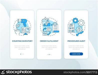 Warehouse procedures blue onboarding mobile app page screen with concepts. Storehouse organization walkthrough 5 steps graphic instructions. UI vector template with RGB color illustrations. Warehouse procedures blue onboarding mobile app page screen with concepts