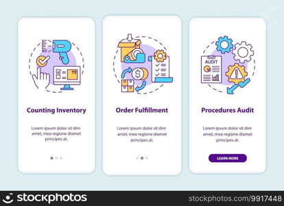 Warehouse procedures onboarding mobile app page screen with concepts. Storehouse organization walkthrough 5 steps graphic instructions. UI vector template with RGB color illustrations. Warehouse procedures onboarding mobile app page screen with concepts