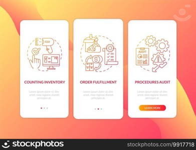 Warehouse procedures red onboarding mobile app page screen with concepts. Storehouse organization walkthrough 5 steps graphic instructions. UI vector template with RGB color illustrations. Warehouse procedures red onboarding mobile app page screen with concepts