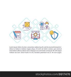 Warehouse processes automation concept icon with text. Technology, software for storehouse management. PPT page vector template. Brochure, magazine, booklet design element with linear illustrations. Warehouse processes automation concept icon with text