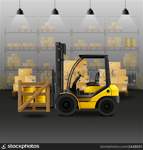 Warehouse realistic composition with forklift storage and cargo boxes vector illustration . Warehouse Realistic Composition