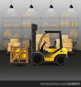 Warehouse realistic composition with forklift storage and cargo boxes vector illustration . Warehouse Realistic Composition