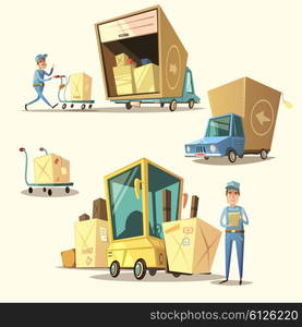 Warehouse retro cartoon set. Warehouse concept set with retro cartoon shipping and delivery items isolated vector illustration