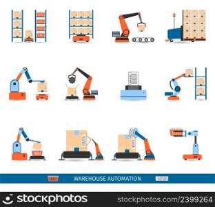 Warehouse robots for loading and unloading icons set flat isolated vector illustration . Warehouse Robots Icons Set
