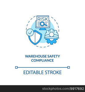 Warehouse safety compliance concept icon. Warehouse management software benefits. Danger you should avoid. Work idea thin line illustration. Vector isolated outline RGB color drawing. Editable stroke. Warehouse safety compliance concept icon