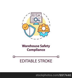 Warehouse safety compliance concept icon. Warehouse management software benefits. Hazard you should manage. Work idea thin line illustration. Vector isolated outline RGB color drawing. Editable stroke. Warehouse safety compliance concept icon